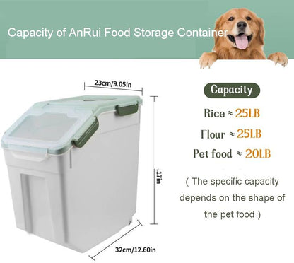 AnRui Airtight Flour Storage Container 25lb, Plastic Grain Storage Bucket, Rice Cereal Dispenser Organizer Box with Lid, Cat Dog Food Storage Bin with Measuring Cup, Scoop, Wheels, 2Pcs Green