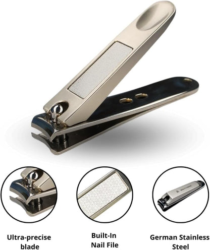 Nail Clippers Set 3 in 1 - Stainless Steel Toe Nail Clippers, Fingernail Clipper, Glass Nail File, Anti Splash, Ergonomic Grip in PU Leather Travel Case for Men & Women (Black Case)