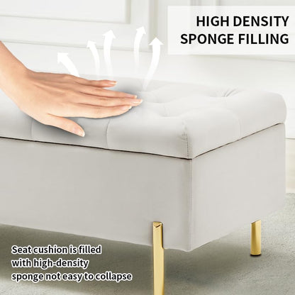 45.6 Inch Velvet Storage Bench Upholstered Tufted Settee Ottoman Bench with Storage, Bed End Bench with Soft Close Lid, for Bedroom, Living Room, Entryway, Rectangular Accent Bench, Beige