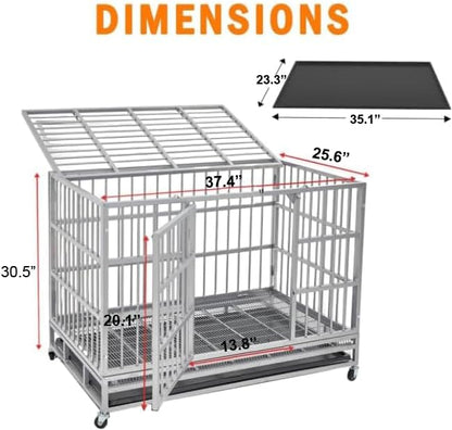 48 Inch Heavy Duty Dog Crate Cage with Wheels, Indestructible and Escape Proof Steel Kennel Indoor for High Anxiety Dogs with Sturdy Locks, Double Door and Removable Tray, Extra Large XL XXL