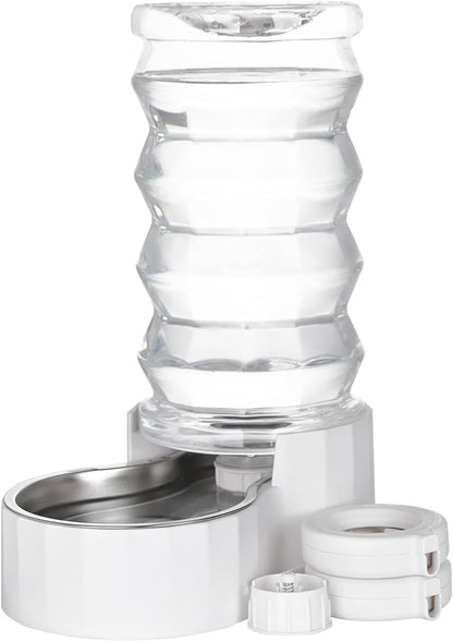 RIZZARI Large Gravity Water Dispenser: 8L Automatic Upgraded Water Feeder with Stainless Steel Bowl - Two Caps and Filters for Pets Indoor/Outdoor Use by Owners