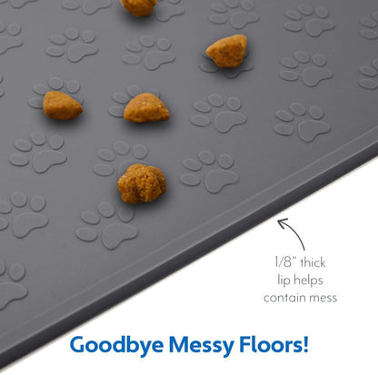 MIGHTY MONKEY 100% Waterproof Dog Food Mat, Raised Edges Silicone Pet Feeding Placemat for Cat, Dogs, Pet Bowls, High Lipped Tray Prevents Water Spills, Food on Floor, Dishwasher Safe, 24x16, Gray