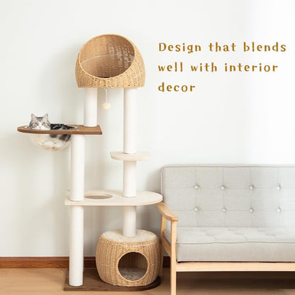 Wood Cat Tree 60'' with Woven Beds, 5-Level Natural Cat Condo with Sisal Posts & Clear Bubble Lounge, Multi-Level C at Furniture for Indoor Pets, Easy to Assemble (Brown-Particle Board)