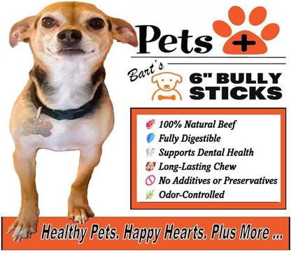 Pets Plus Premium Bart's Bully Sticks for Dogs – 6 Inch, Medium Size, All-Natural, Long-Lasting Chews for Moderate Chewers – High Protein, Low Odor, Grain-Free (5-Pack)