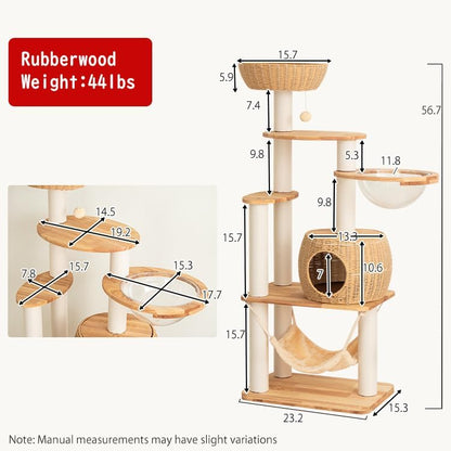 57'' Cat Tower for Large Cats, Manual Hand Woven Modern Multi-Level Condo with Natural Wood, Cat Activity Centre for Medium and Big Pets