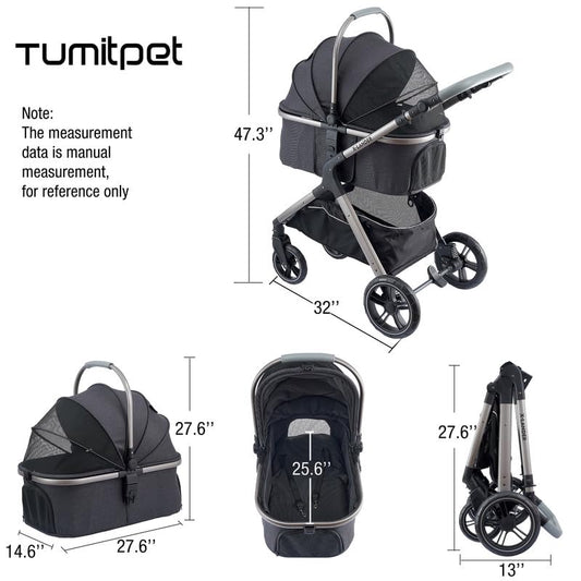 Pet Stroller for Small Medium Dogs, Cat Carriage Travel System Four Wheel Dog Stroller with Carrier, Zipperless Entry/Cup Holder/Storage Basket