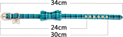 Puppy Collars for Small Dogs - StrawberryEC Adjustable Puppy Id Buckle Collar Leather. Cute Plaid Bandana Dog Collar (Bow-Peacock Green)
