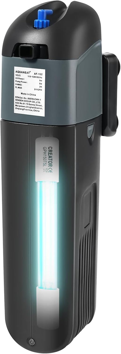 AQUANEAT Aquarium Filter 5W UV Bulb Green Water Killer Submersible Pump Filter 132 GPH for 75 Gallon Fish Tank