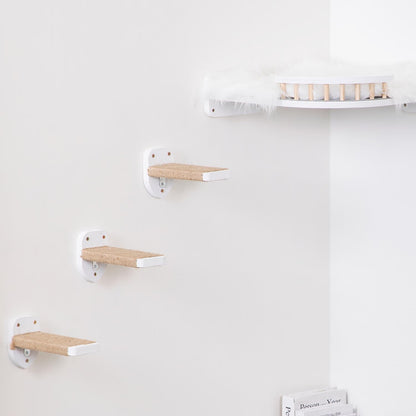 3pcs Wall Mounted Cat Steps, Climbing Furniture, Shelves With Hemp Rope Covered, Solid Wood Ladder for Playing and Climbing (Standard-White)