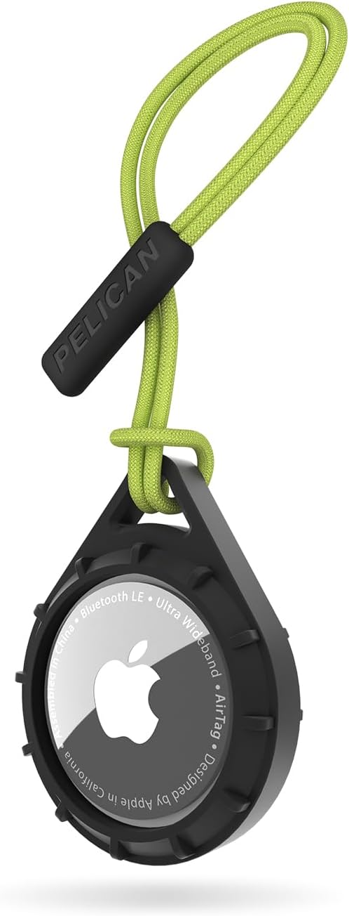 Pelican Protector AirTag Holder - AirTag Keychain with Rugged Strap Loop [Impact Resistant] [Travel Essentials] - Protective Air Tag Case for Dog Collar, Backpack, Keys, Luggage - Black/Yellow