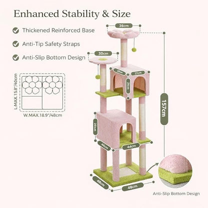 62" Flower Cat Tree for Large Cats, Multi-Level Cat Tower with 2 Plush Condos, Soft Bed, Scratching Posts & Pad, Padded Perch & 2 Hanging Pompoms for Indoor Cats,Pink