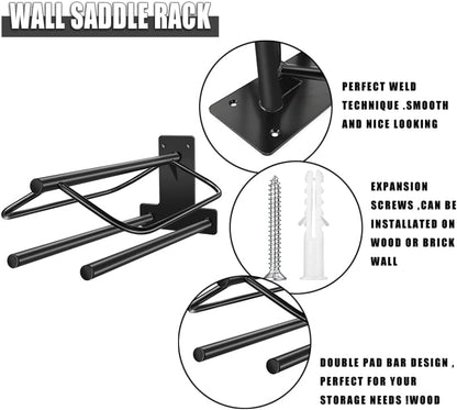 2Pcs Saddle Rack with Double Pad Bar,Heavy Duty Wall Mounted Saddle Rack Stand Saddle Pad Rack for English and Western Saddles,23.8x12.6x7.5 Inches