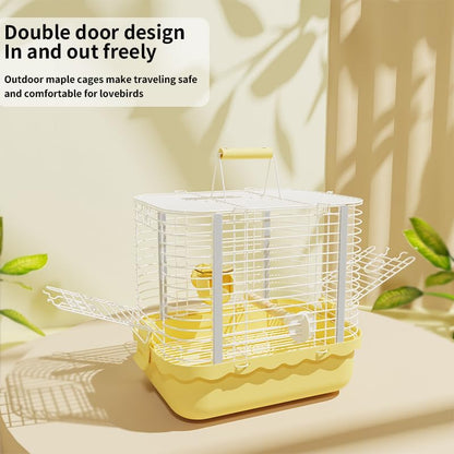 Bird Carrier Travel Cage, Durable Portable Stainless Steel Birdcage with Bird Perch & Feeding Bowl for Parrots Canaries Budgies Lovebirds Conures Cockatiels (Small Yellow)