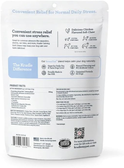Kradle Calming Chews for Dogs - Anxiety and Stress Support - L-Theanine Ashwagandha GABA - Calming Supplement for Relaxation and Stress - Chicken Flavor- 75 Chews