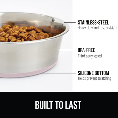 GORILLA GRIP Set of 2 Dog Bowls, Heavy Duty Metal Food and Water Bowl for Feeding Dogs and Cats, Dishwasher Safe, Rust Resistant Stainless Steel, BPA Free Rubber Base, Holds 1 Cup (8 fl oz), Lt Pink