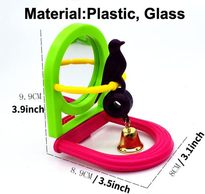Bird Mirror for Cage, Bird Mirror Toy with Paddle Wheels and Perch, Bird Hanging Training Toys for Cage, Parrot Foraging Toys, Bird Interactive Intelligence Toy Random Color (Bird Clock)