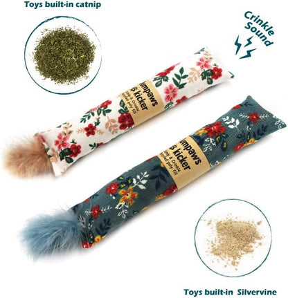 2 Pack Natural Interactive Catnip & Silvervine Cat Kicker with Feathers, Bite Resistant Chew Toy, Crinkle Kicker, Accessories for Indoor Cat, Premium Corduroy Floral