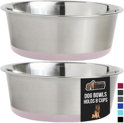 GORILLA GRIP Set of 2 Dog Bowls, Holds 8 Cups (64 fl oz), Heavy Duty Metal Food and Water Bowl for Feeding Dogs and Cats, Dishwasher Safe, Rust Resistant Stainless Steel, BPA Free Rubber Base, Lt Pink