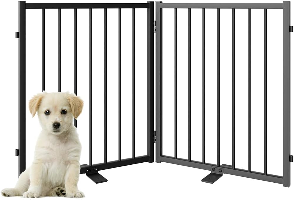 Full Metal Freestanding Dog Gate with Door, 24'' Height Foldable Pet Dog Fence for Indoor & Outdoor, 2 Panels Extra Wide Free Standing SmallDog Gates for Doorways,House,Stairs,Porch,Deck,Yard