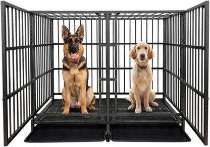 54 Inch Heavy Duty Dog Crate Cage with Divider, Indestructible and Escape Proof Steel Kennel Indoor for 2 High Anxiety Dogs with Sturdy Locks, Double Door and Tray, Extra Large XL XXL