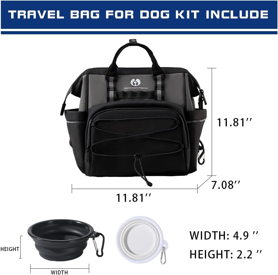 Dog Travel Bag, Airline Approved Pet Supplies Backpack, Dog Travel Backpack Accessories Set with 2 Silicone Collapsible Bowls and 1 Leash Clip for Camping, Road Trips & Weekends Away（Black） - Pawvie