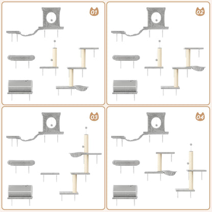 NUNU LAB Wall Mounted Cat Furniture, 7 Pcs Cat Wall Shelves with House, Tunnel, Bridge, Steps, Scratcher, Hammock, Bed, Indoor Safe & Stable Furniture for Kittens Play, Gray