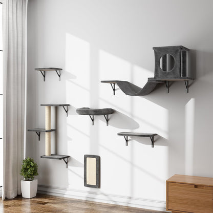 NUNU LAB Cat Wall Shelves, 6 Pcs Luxury Wall-Mounted Cat Climber Set, Indoor Cat Furniture with 1 Condos House, 2 Cat Wall Shelves, 1 Scratching, 1 Bridge Ladder, 1 Scratching Pad, Dark Gray