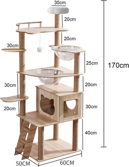 67-Inch Cat Tree for Indoor Cats Large Adult,Cat Tree Tower with Condo, Cat Stairs, 2 Bowl,14 Sisal Scratching Posts, Top Perch, with Padded Platform Bed,Toy Balls,Larg Large cat Tree.B12
