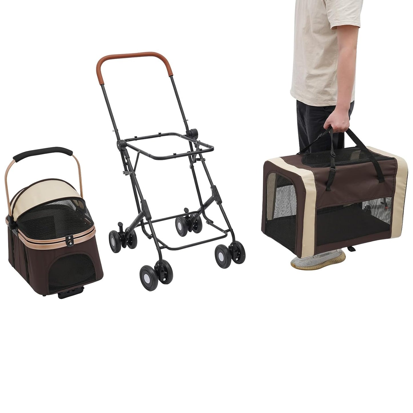 Double Pet Stroller with Detachable Carriers, Large Cat & Dog Stroller with 4 Wheels, Foldable Pet Strollers Small & Medium Dogs Cats 77lbs (Coffee Color) - Pawvie
