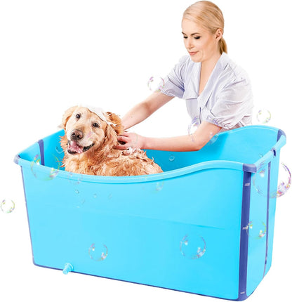 Portable Dog Bathtub for Large Dogs - 48.4Gal Foldable Pet Wash Station with Drain Plug, Insulated & Non-Slip Design for Indoor/Outdoor Bathing, Grooming, Camping（Blue）