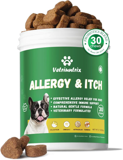 Dog Allergy Chews, Dogs Allergy Relief Chews for Paw Licking Itchy Skin Coat Supplement, Probiotics for Dogs with Colostrum Omega-3 Astragalus Immune Supplement-30ct