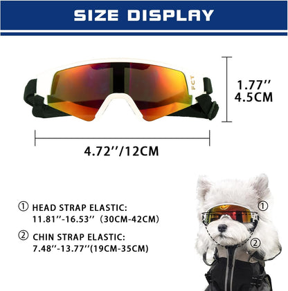 Dog Goggles for Small to Medium Breed, Dog Sunglasses UV Protection, Windproof & Anti-Fog, Puppy Sunglasses with Padded Frame and Adjustable Straps for Outdoor Riding, Driving（White）
