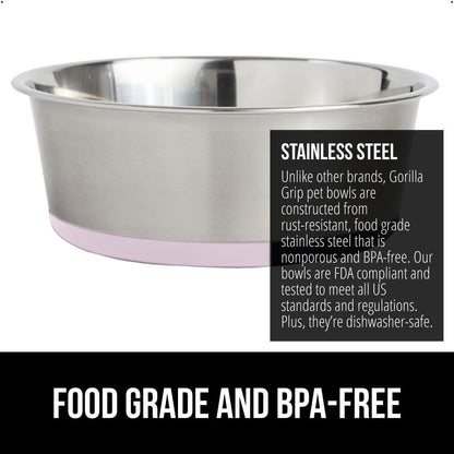 GORILLA GRIP Set of 2 Dog Bowls, Holds 4 Cups (32 fl oz), Heavy Duty Metal Food and Water Bowl for Feeding Dogs and Cats, Dishwasher Safe, Rust Resistant Stainless Steel, BPA Free Rubber Base, Lt Pink