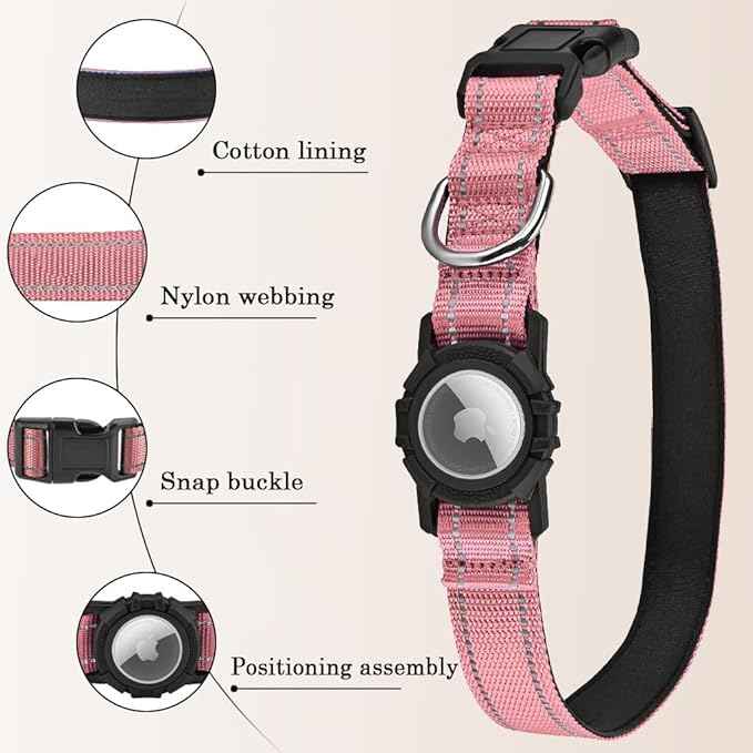 Airtag Dog Collar with Waterproof Air Tag Holder, Integrated Reflective Pet Collar with Soft Padding, Adjustable Nylon Collar for Small Medium Large Dogs, Pink, XS (9.5"-11.8")