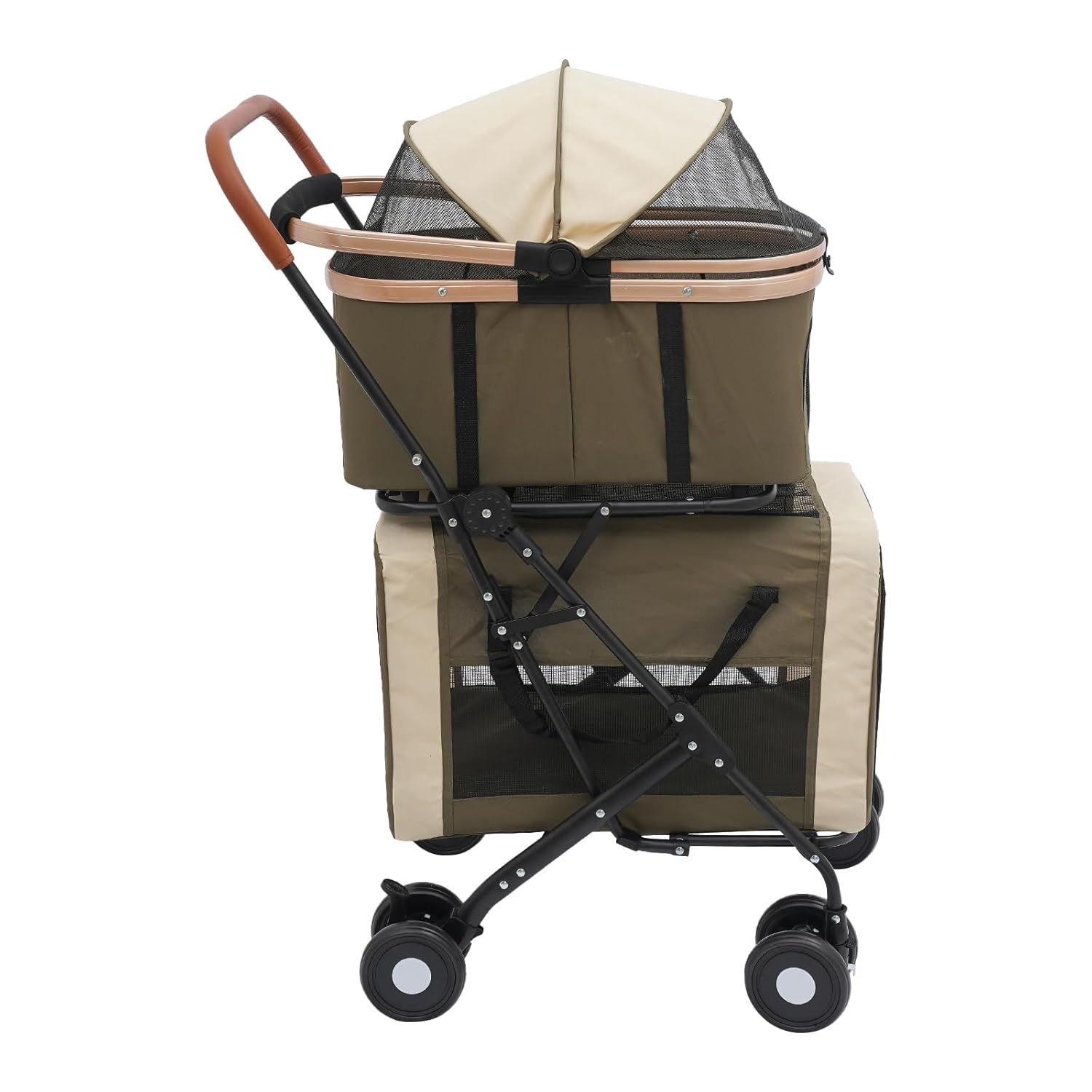 Double Pet Stroller for Dogs and Cats, Foldable Dog Stroller Travel Carriage with Detachable Carriers, Safety Belts, and 4 Lockable Wheels for Small to Medium Pets (Dark Green) - Pawvie