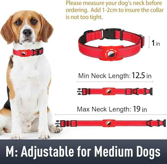 AirTag Dog Collar with AirTag Holder Compatible for Air Tag, Reflective Soft Padded, Safety Locking Buckle, Adjustable Nylon for Small Medium Large Dogs (Red,M)