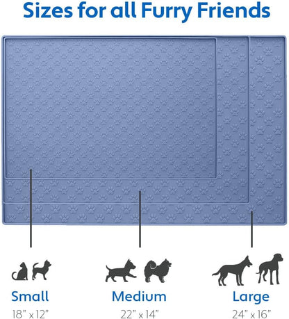 MIGHTY MONKEY 100% Waterproof Dog Food Mat, Raised Edges Silicone Pet Feeding Placemat for Cat, Dogs, Pet Bowls, High Lipped Tray Prevents Water Spills, Food on Floor, Dishwasher Safe, 22x14, Lt Blue