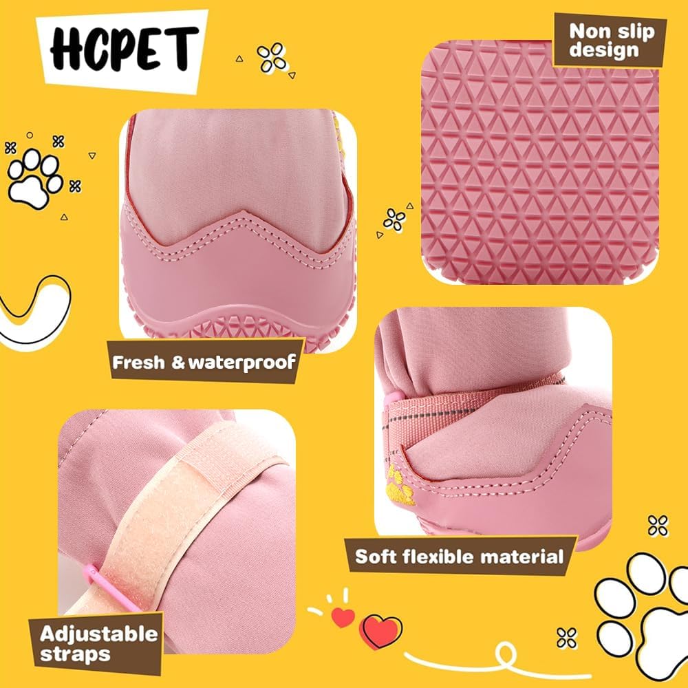 Hcpet Dog Shoes, Dog Boots & Paw Protectors for Winter Snowy Days, Rainy Weather, Outdoor Anti-Slip Sole Dog Booties for Hardwood Floor Pink-Leg 3