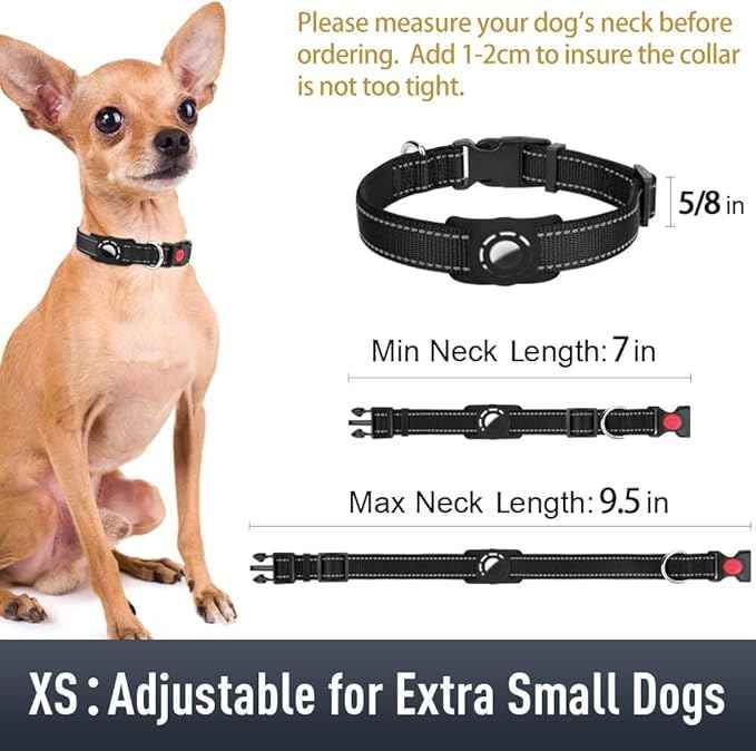 AirTag Dog Collar with AirTag Holder Compatible for Air Tag, Reflective Soft Padded, Safety Locking Buckle, Adjustable Nylon for Small Medium Large Dogs (Black,XS)