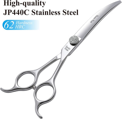 Fenice Peak 6.5‘’ Extra Curved Dog Grooming Scissors with Jewelled Screw 440C Stainless Steel Pet Grooming Bending Scissors with Symmetrical Handle for Professional Groomer and Home User