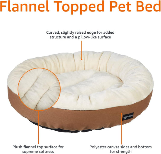 Amazon Basics Round Bolster Pet Bed for Dog or Cat with Flannel Top, 20.0" L x 20.0" W x 8.0" Th, Brown and Ivory