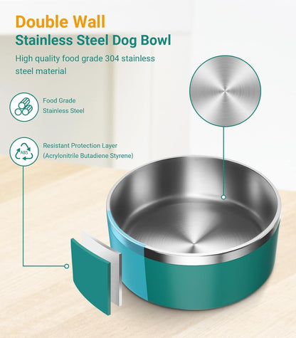 Dog Bowl, Stainless Steel Dog Food and Water Bowl with Non Slip Quiet Bottom, Easy to Clean, Dishwasher Safe, 64oz, Deep Green