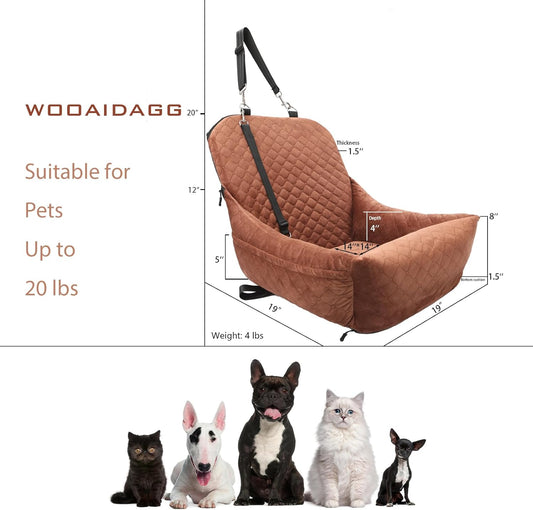 Dog Car Seat for Small Dogs,Covered Soft Fabric and Fill in Memory Foam,Easy to Assemble and Fully Detachable,2 Clip-On Safety Leashes and Storage Pockets(Brown)
