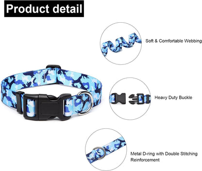 Mercano Adjustable Dog Collar - Special Design Patterns, Soft Nylon Comfortable Durable Pet Collar for Small Medium Large Dogs (L, Dog Camouflage Blue)