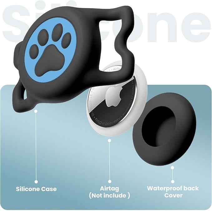 Waterproof Dog Collar Airtag Holder,Stretchy Silicone Full Body Covered Airtag Holder for Dog Cat Collars (Black-Blue)