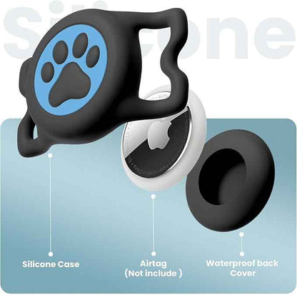 Waterproof Dog Collar Airtag Holder,Stretchy Silicone Full Body Covered Airtag Holder for Dog Cat Collars (Black-Blue)
