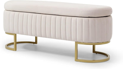 50" Sherpa Storage Ottoman Bench – Velvet Upholstered Bedroom Bench with Golden Metal Legs, Lift-Top Hidden Storage, Modern Footrest for Living Room, Entryway, Bed End (Beige)