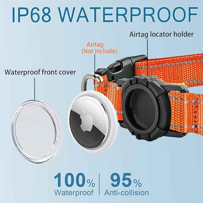 Airtag Dog Collar with Waterproof Air Tag Holder, Integrated Reflective Pet Collar with Soft Padding, Adjustable Nylon Collar for Small Medium Large Dogs, Orange, XS (9.5"-11.8")