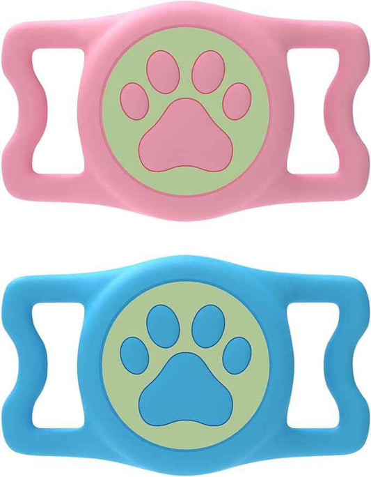 2 Pack Waterproof Airtag Dog Collar Holder for Apple Air Tag, Silicone Dog Airtag Holder for Dogs & Cat Collars (Pink&Blue)