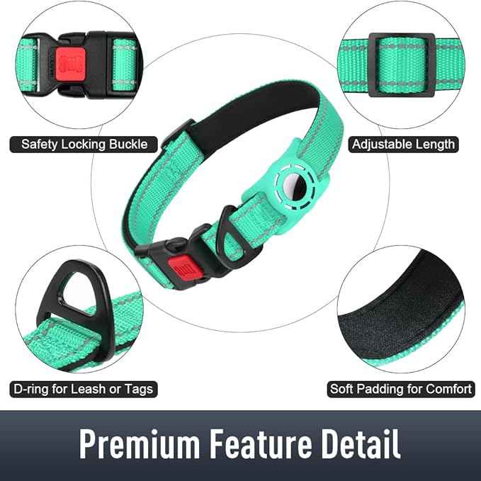 AirTag Dog Collar with AirTag Holder Compatible for Air Tag, Reflective Soft Padded, Safety Locking Buckle, Adjustable Nylon for Small Medium Large Dogs (Teal,XL)